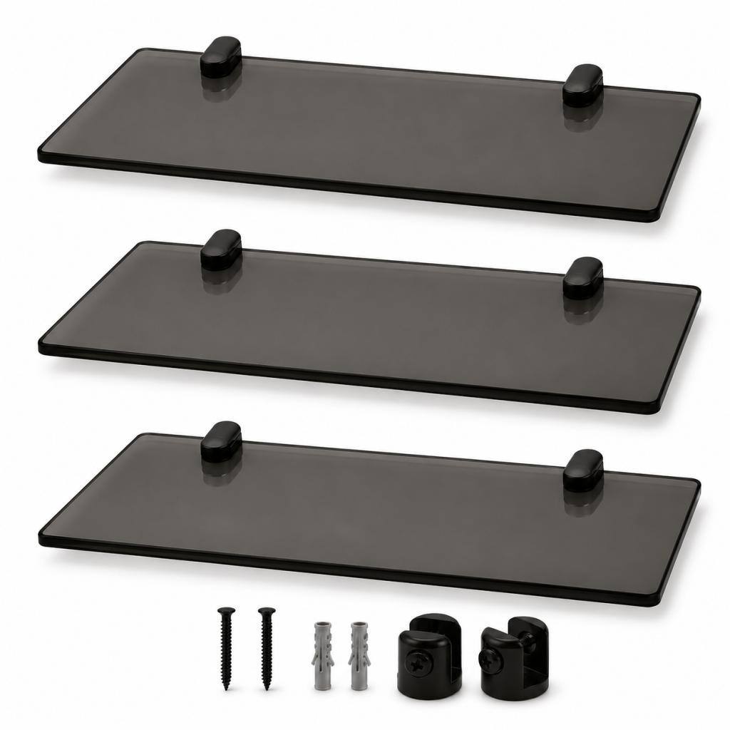 Kit 3 Prateleira Multiuso 30cm Suporte Preto com Vidro Fumê 6mm Banheiro Moderno