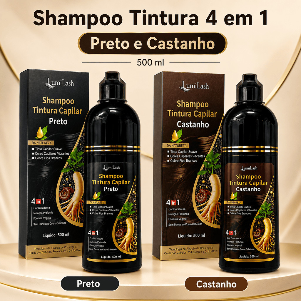 Shampoo Tonalizante Tintura Capilar 4 em 1 LumiLash 500ml Preto Castanho Cobre Fios Brancos