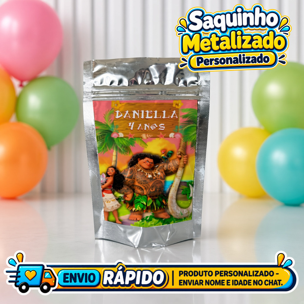 Saquinho Metalizado Moana Personalizado / Lembrancinha de Festa /Aniversário