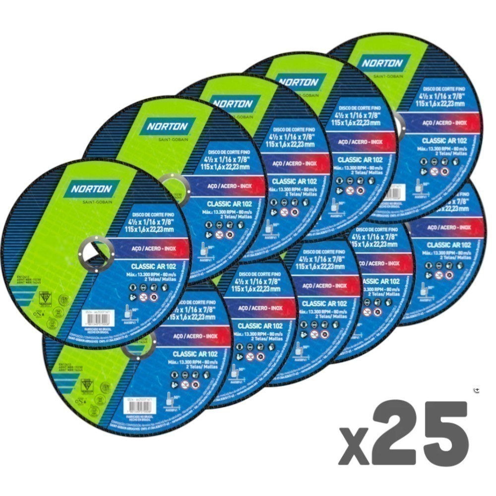 Kit 25 Discos de corte para metal 4.1/2x1/16x7/8pol - Norton