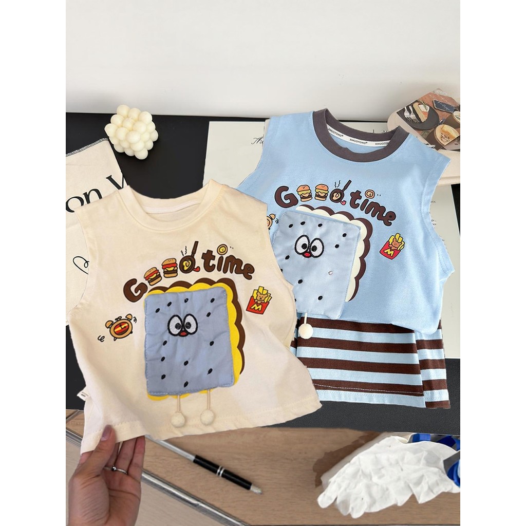 100% algodão crianças sem mangas colete camiseta meninos verão dos desenhos animados tridimensional boneca meninas bebê 