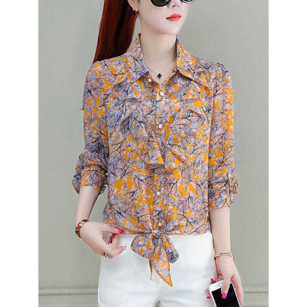 Camisa Floral de Chiffon feminina novo estilo primavera outono estilo ocidental camisa de manga comprida babados topo fe