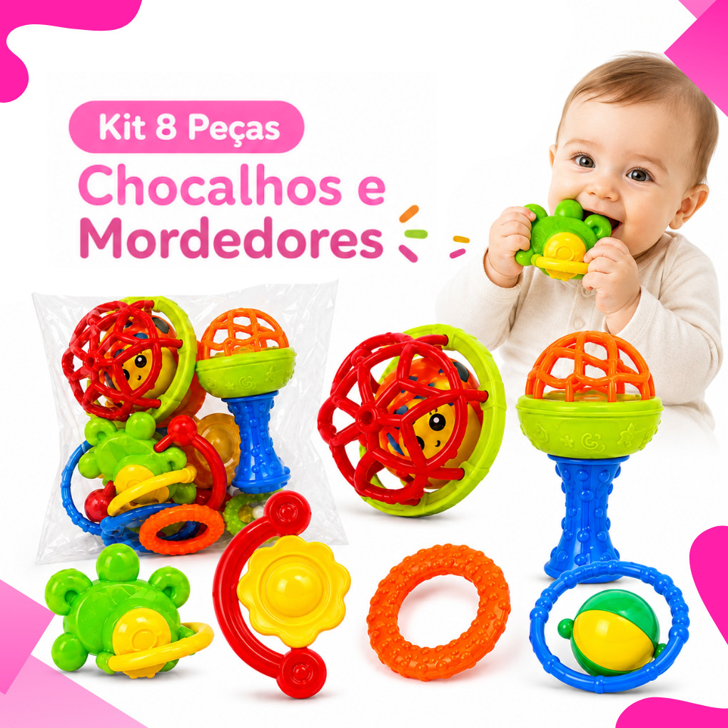 Kit 8 peças Mordedor para Bebe Sensorial Macio com Chocalho