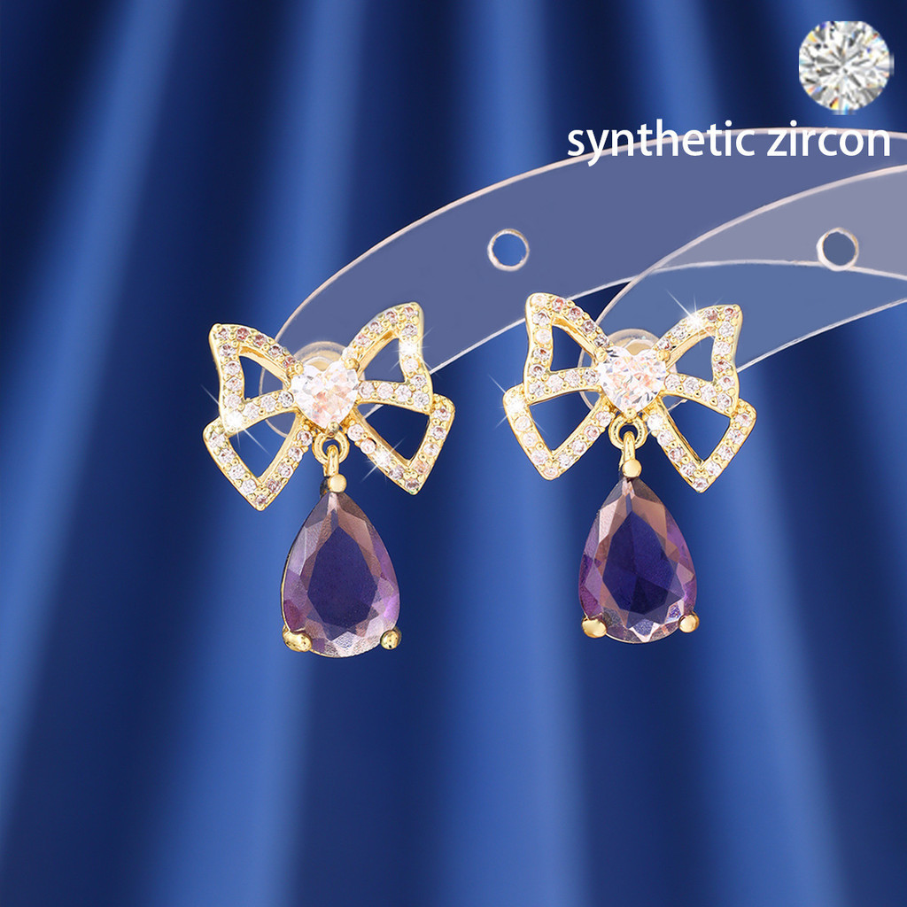 Brincos brincos Bowknot ametista brincos ins estilo japonês coreano cheio de diamante borla senhoras moda brincos acessó