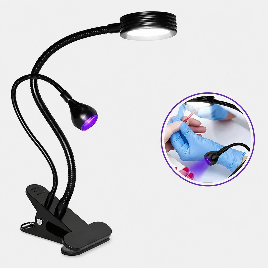 Luminaria de Mesa LED e UV 2 em 1 para Manicure com Clipe Garra Presilha Braco Flexivel Angulo Ajustavel