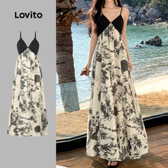 Lovito Vestido Longo Boho Com Padrão Colorblock Exquisito Para Mulheres Primavera/Verão L198ED421