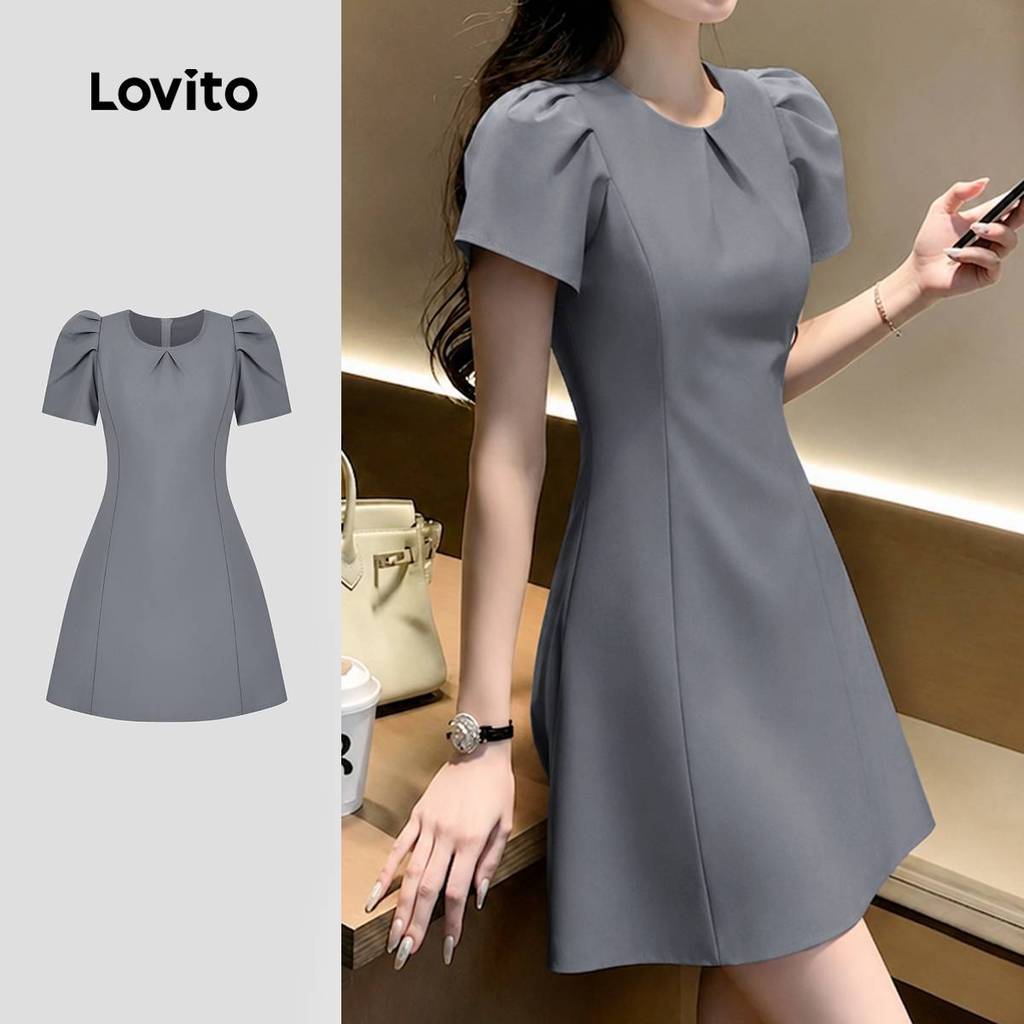 Lovito Vestido Casual Cinza de Verão/primavera com Pregas e Linhas Estruturais para mulheres L198ED312