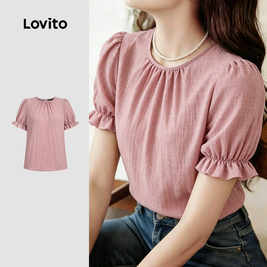 Lovito Blusa Elegante com Pregas e Babado Camisa Cinza/rosa Simples de para Mulheres L199ED068