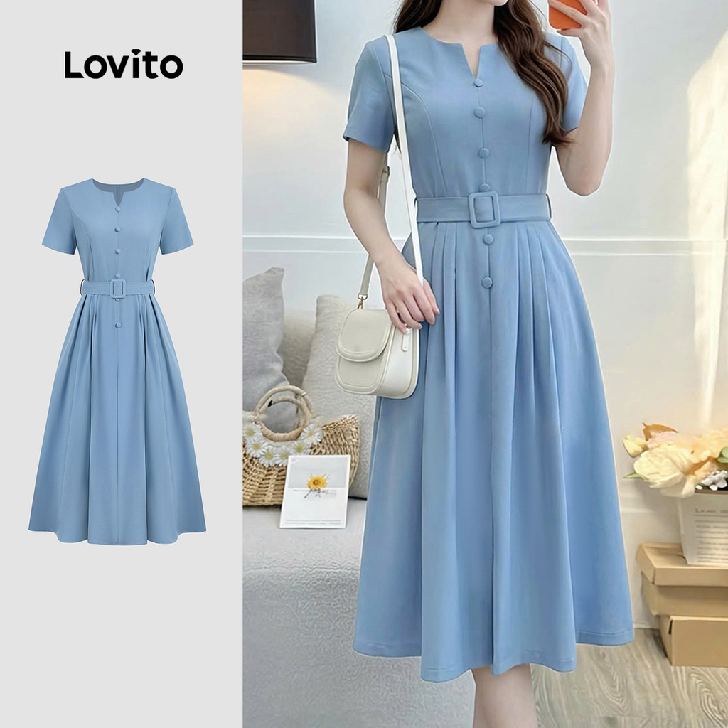 Lovito Vestido Elegante com Cinto e Botões Plissados para Primavera/verão Azul feminino LBL37074