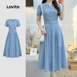 Lovito Vestido Elegante com Cinto e Botões Plissados para Primavera/verão Azul feminino LBL37074