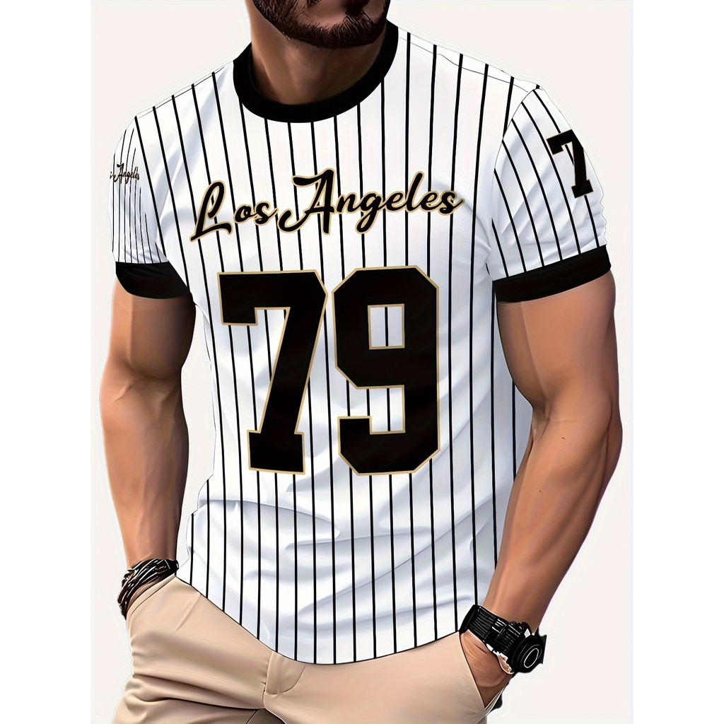 Camiseta masculina listrada simples casual, confortável, casual, gola redonda, manga curta, top All-Match de verão