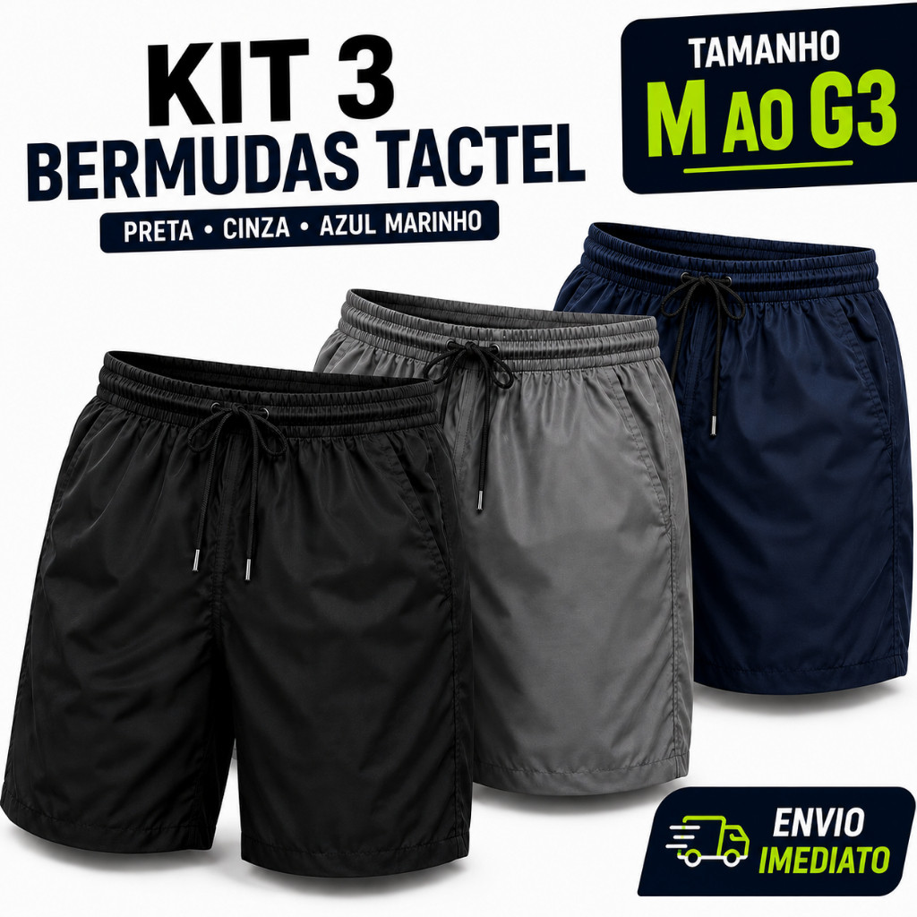 Kit 3 Shorts Bermuda Tactel Masculino com Elastano Elástico na cintura Academia Corrida moda praia