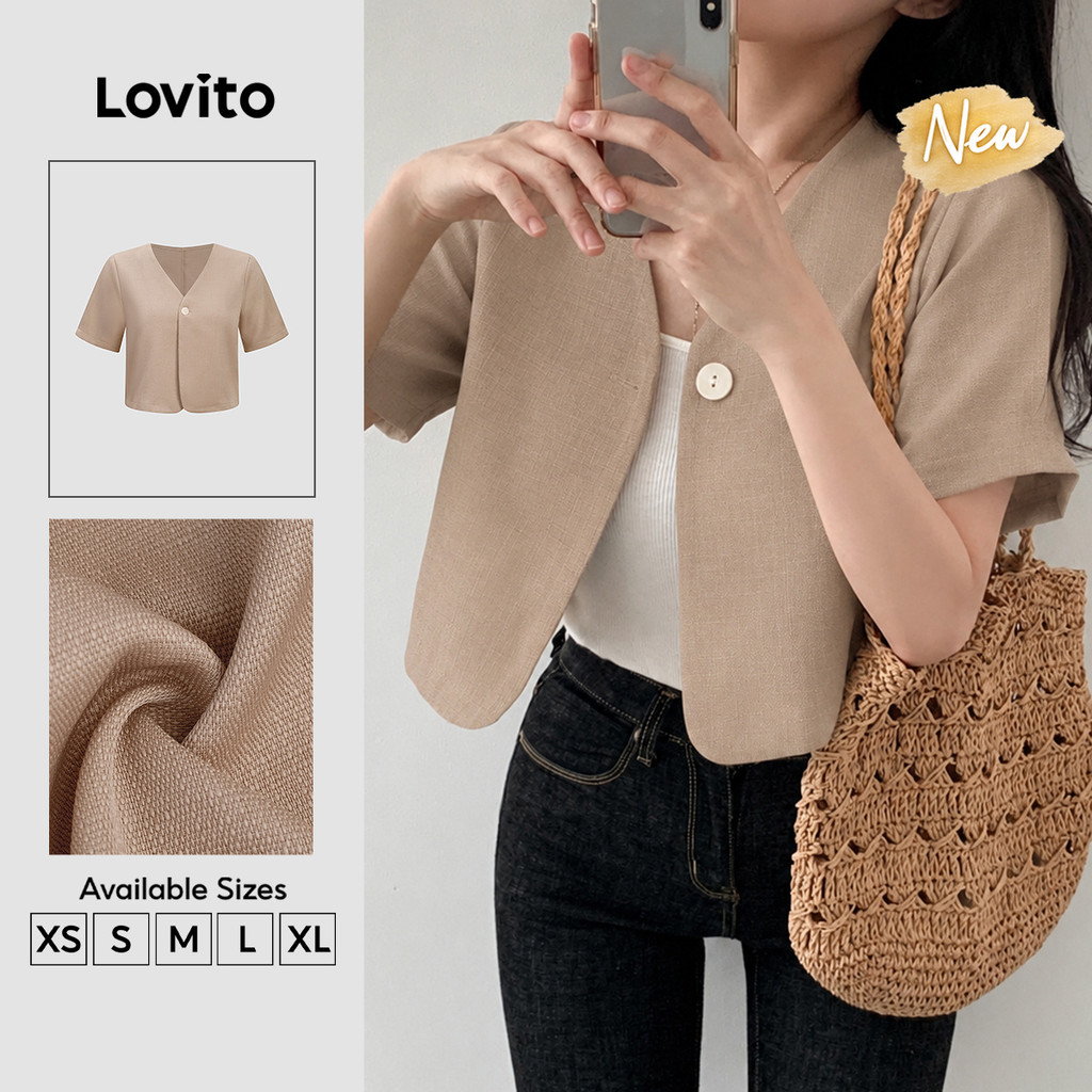 (New Arrival) Lovito Blazer Cáqui Feminino Casual De Manga Curta Decote V E Botões Primavera/verão Fim De Semana BZB206TD321