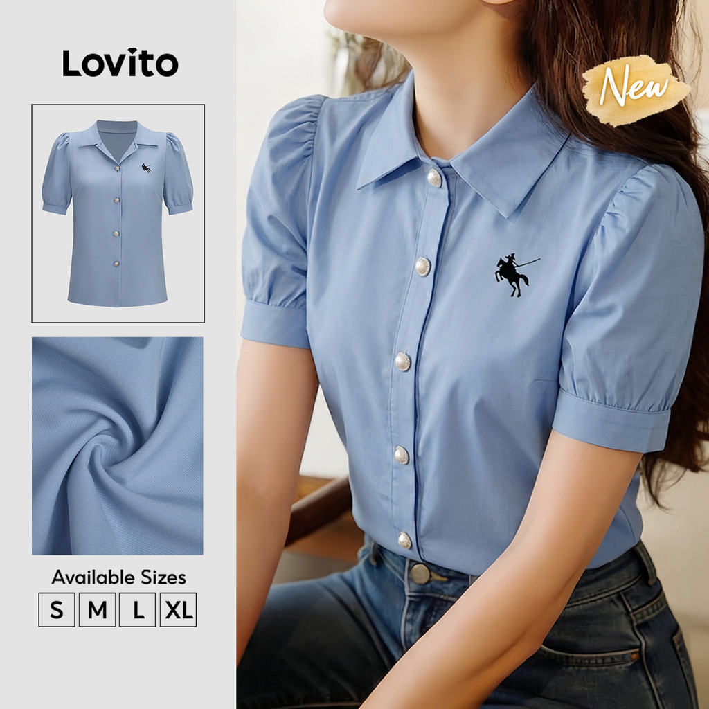 (New Arrival) Lovito Casual Blusa Manga Curta Gola Com Colarinho Bordado Botão Férias Trabalho Azul Para Mulheres BLB39BR255