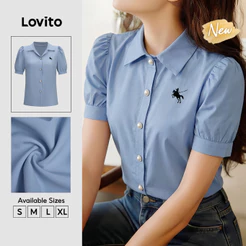(New Arrival) Lovito Casual Blusa Manga Curta Gola Com Colarinho Bordado Botão Férias Trabalho Azul Para Mulheres BLB39BR255
