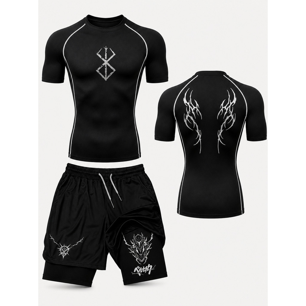 Conjunto Masculino Camiseta Compressão Costura Inversa e Short Compressão Berserk Guts Swordsman Academia Gym