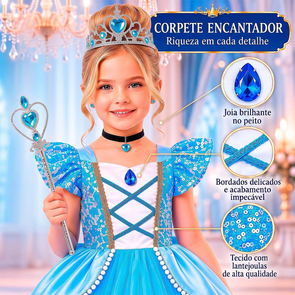 Fantasia Cinderela Infantil pra Menina Vestido Princesa Longo de Luxo Com Coroa e Varinha — imagem 2 de 2