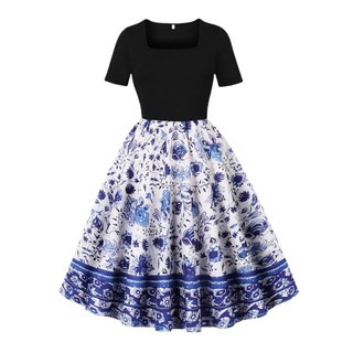 Retro quadrado pescoço de manga curta preto retalhos posicionamento impresso grande balanço vestido feminino elegante fe