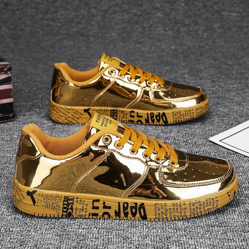 Novos Tênis Dourados para Casal, Tênis Casuais de Luxo com Glitter, Tênis Masculinos de Hip-hop, Streetwear, Skate, Calç