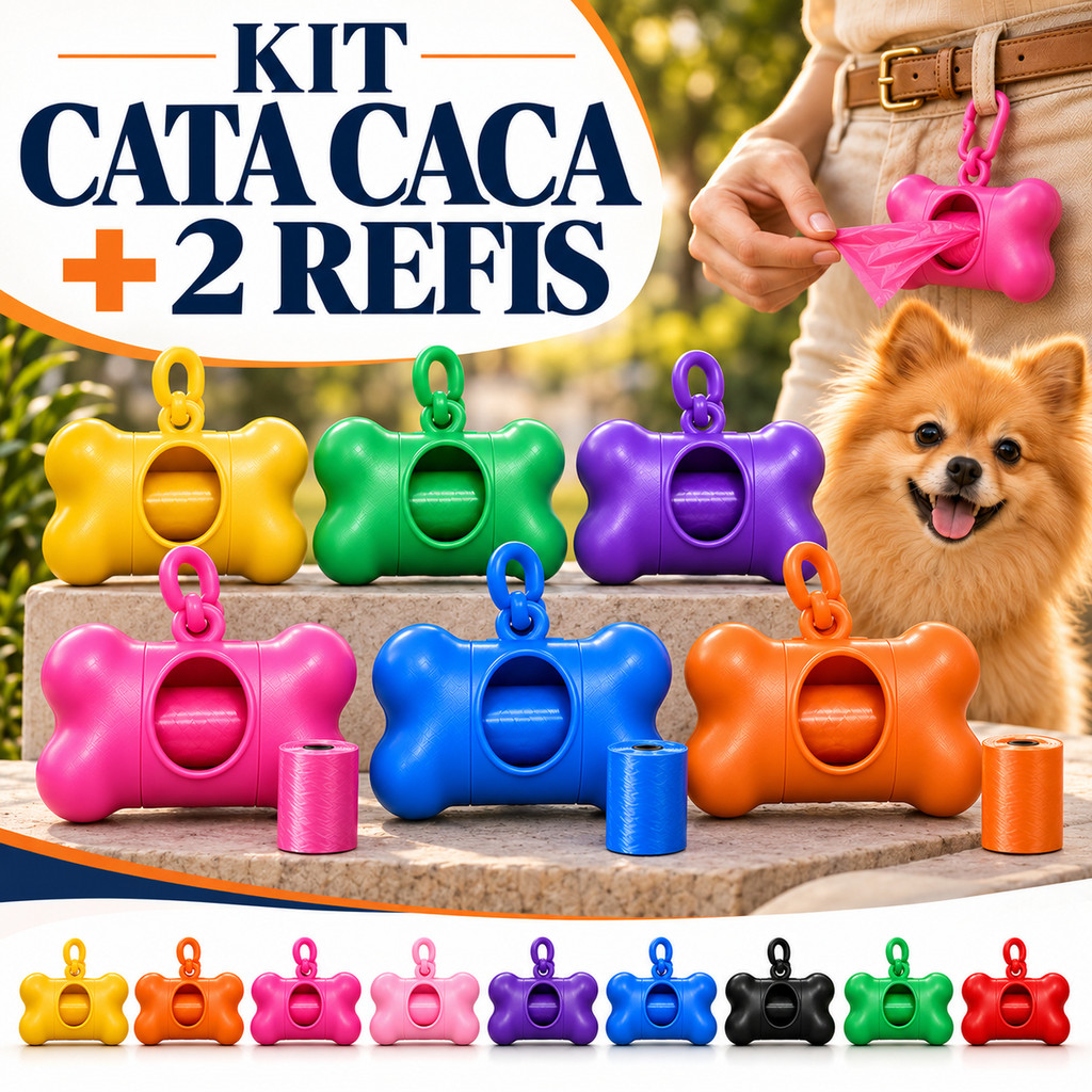 Kit Cata Caca Pet 2 refis + Porta Saquinho de Cocô Cachorro Gato Recolher Fezes Passeio Viagem