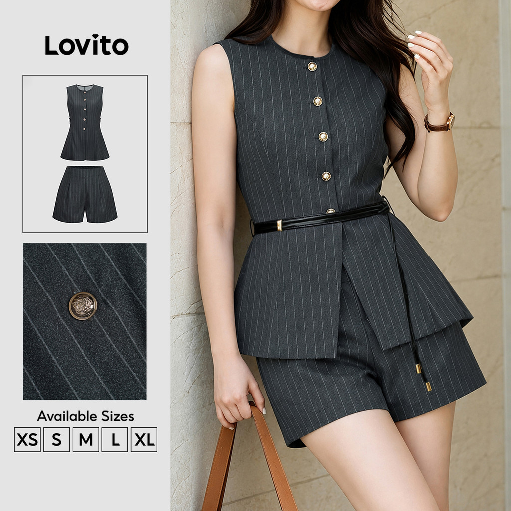 Lovito Conjunto Casual De Blusa Ou Calça Com Botões E Pregas Na Cor Cinza Escuro Para Primavera/verão para Mulheres (sem Cinto) SHK8BR235