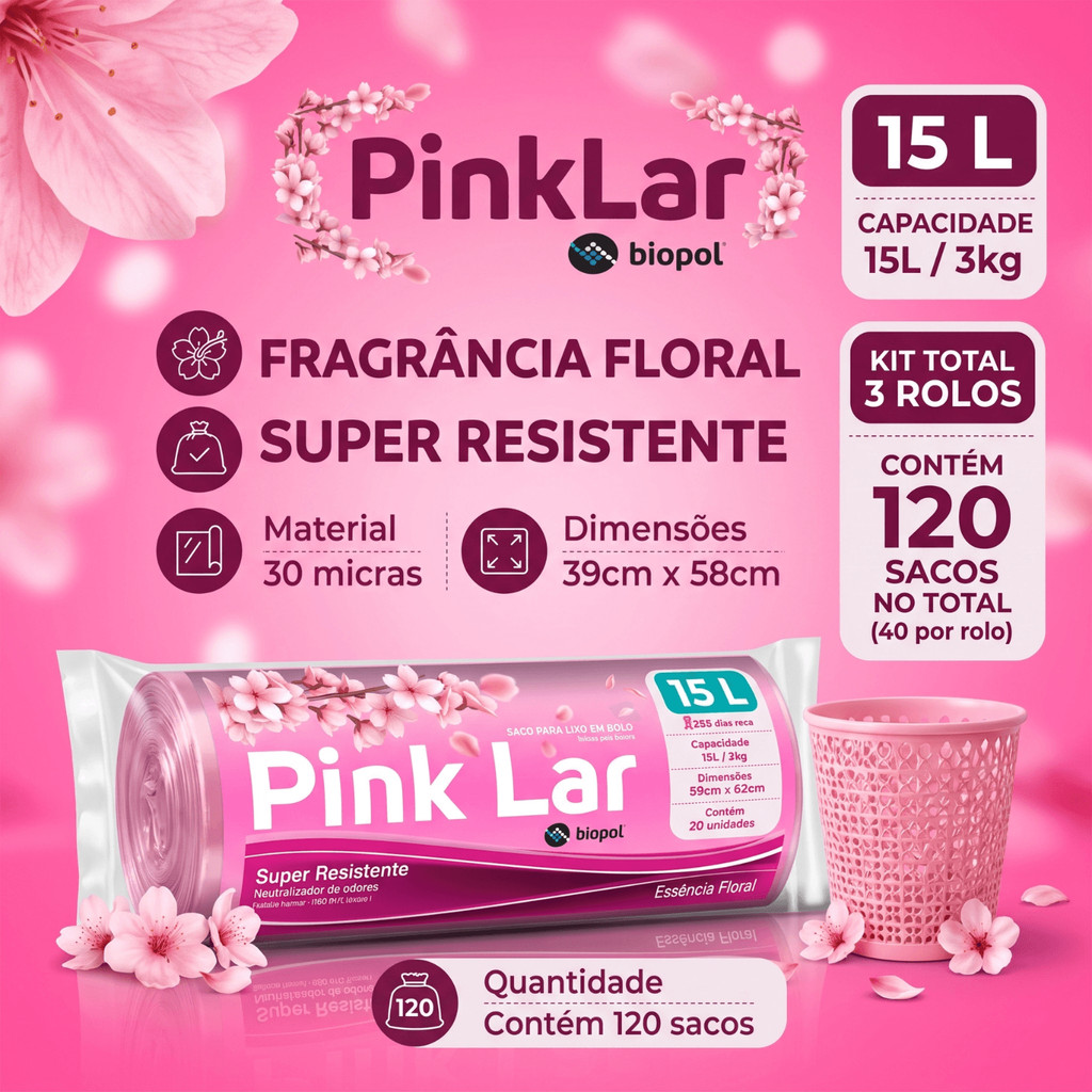 Sacos de Lixo Rosa Perfumado 15L com 120Un Direto da Fábrica Resistente