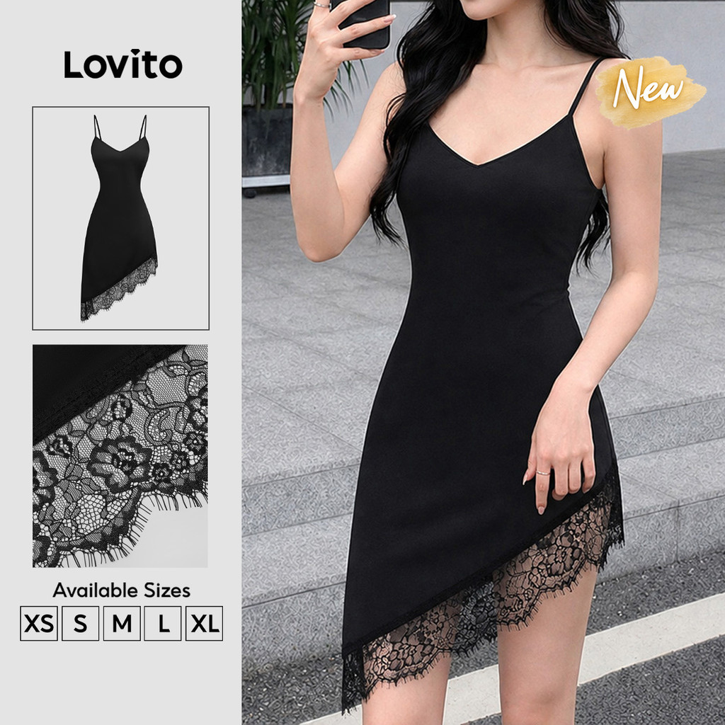 (New Arrival) Lovito Casual Black Lace Asymmetrical Short Aline Spring/summer Weekend Dress for Women Bordado DRB204P1D346