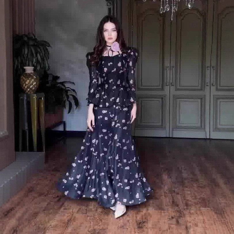 Novo estilo Retro palácio elegante manga comprida saia longa terno vestido