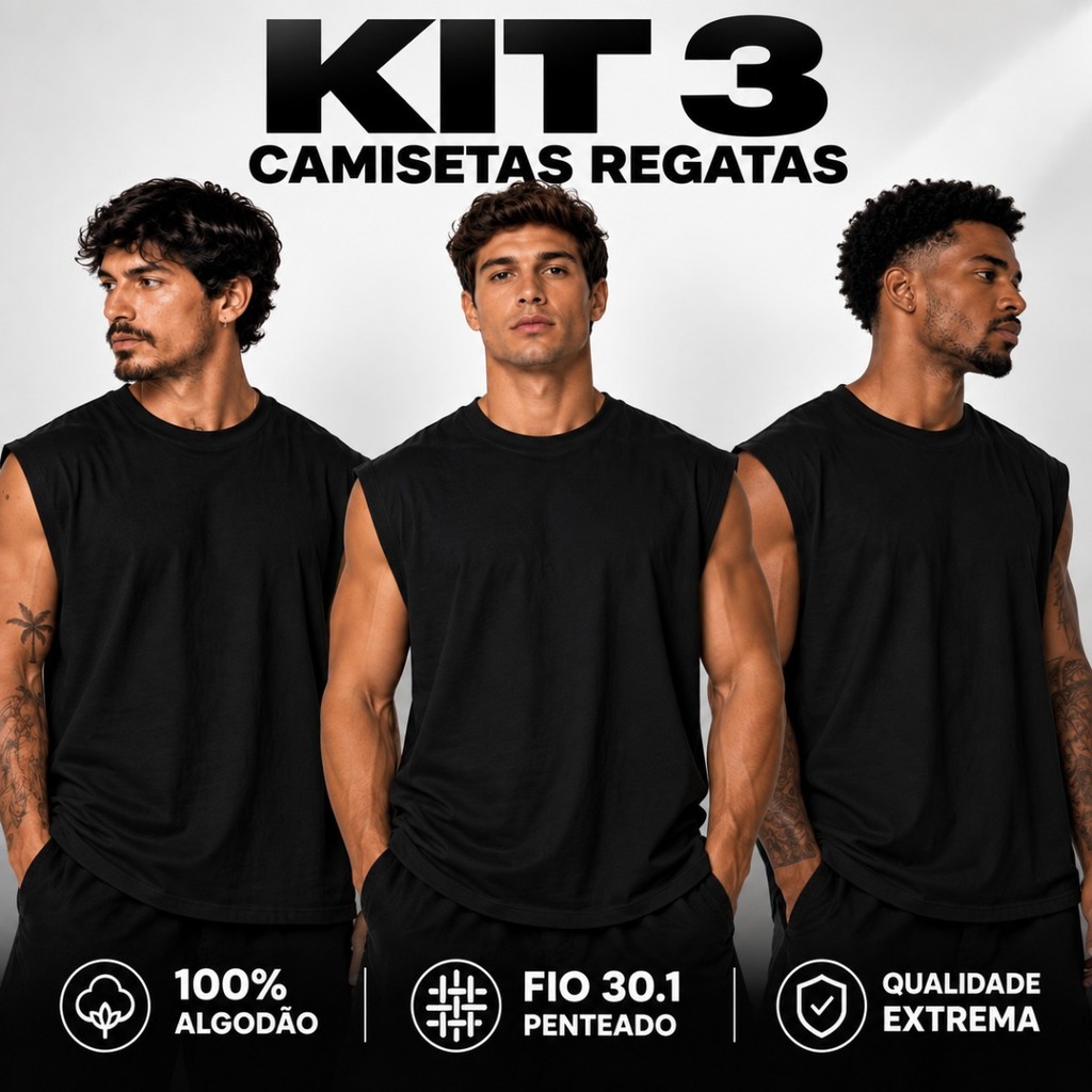 Kit 3 Camisetas Regata Machão Masculinas Algodão Fio 30.1 Premium Confortável Leve Esporte Fitness Academia Uso Diário