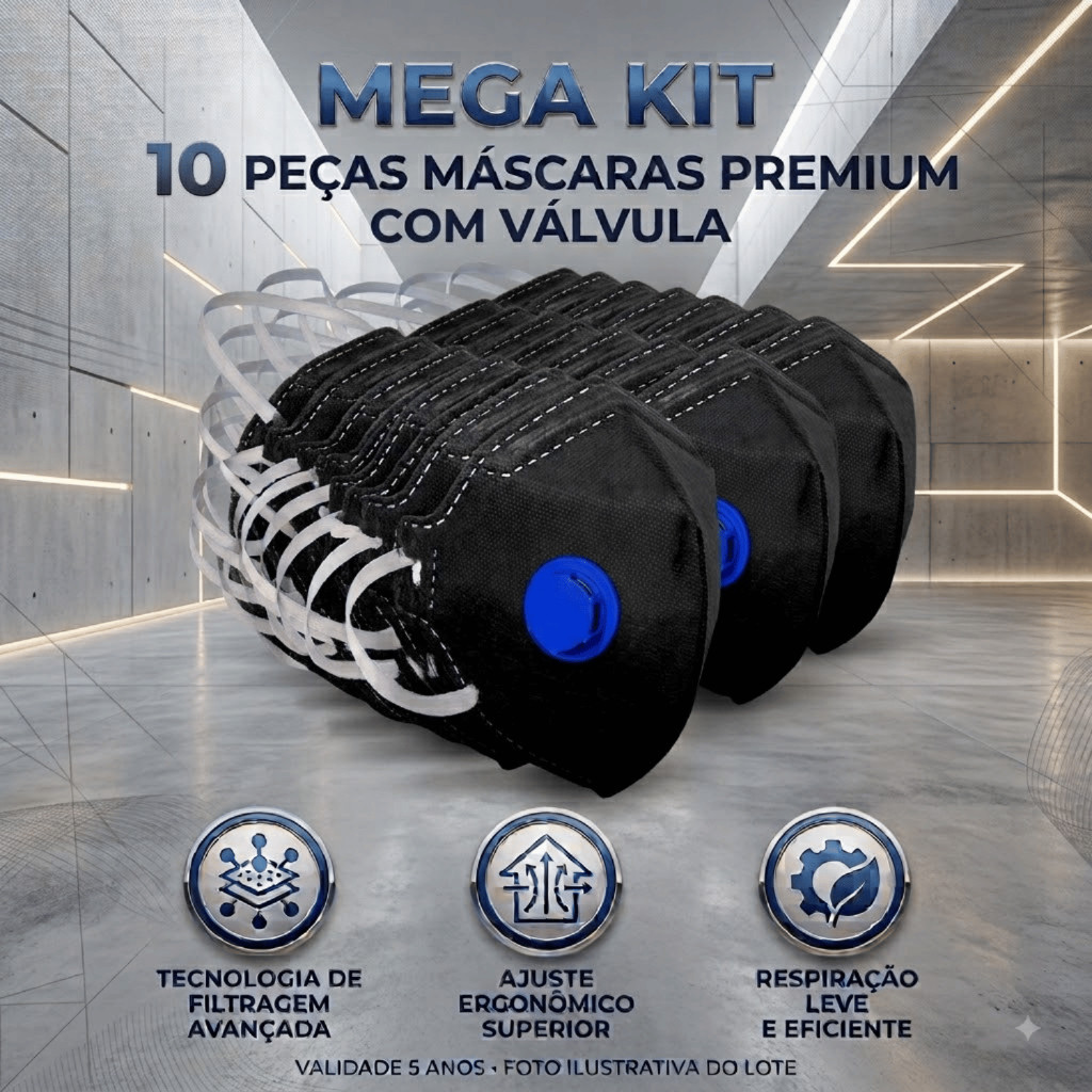 Kit 10 Máscara Pff2 Com Carvão Ativado vo co proteção filtra poeira gases solidos gasosos epi