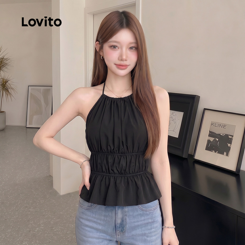 (Elegante) Lovito Regata Com Renda Lisa E Franzida Para Mulheres Bordado L106AD087