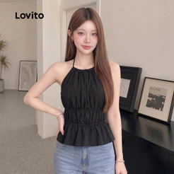 (Elegante) Lovito Regata Com Renda Lisa E Franzida Para Mulheres Bordado L106AD087