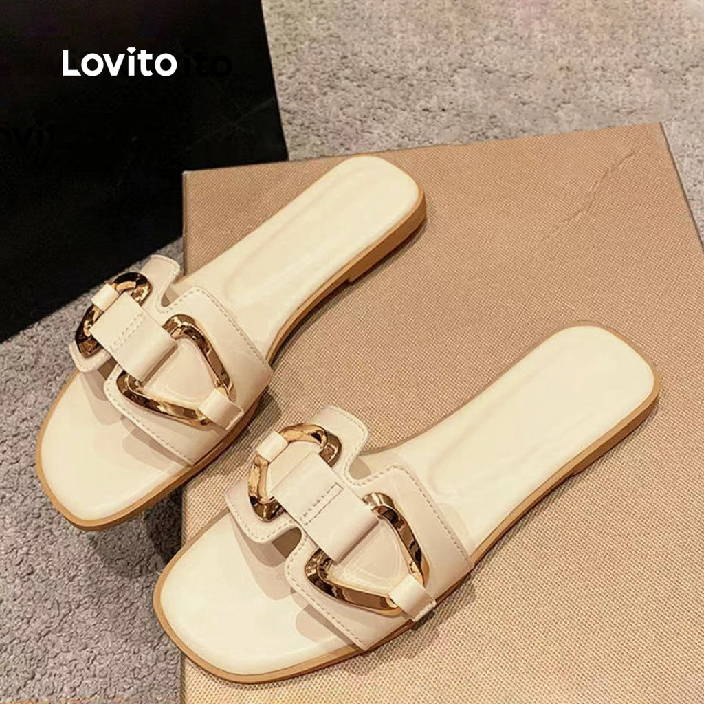 (Trendy)(Elegante) Lovito Sandálias Planas De Metal Liso Para Mulheres LFA45389