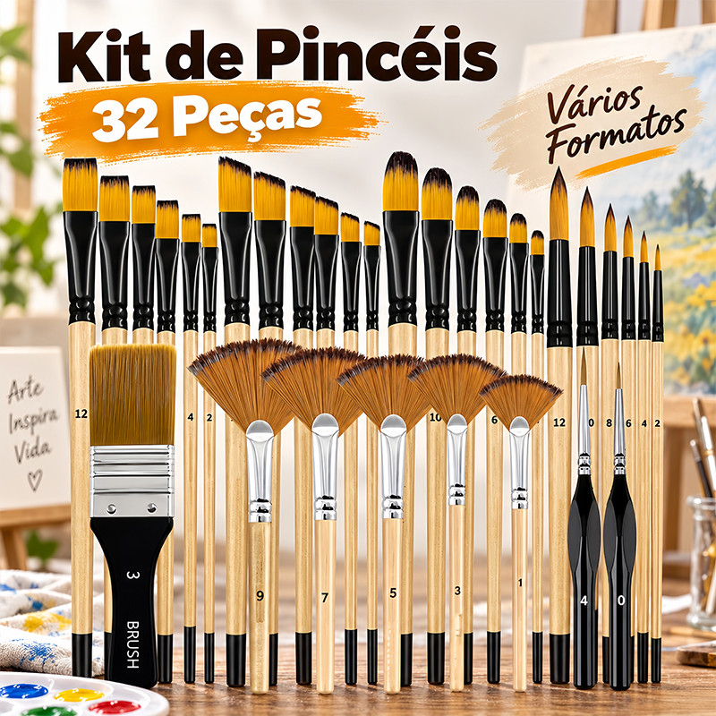 Kit 32 Pincéis Artesanato Tinta Acrílica Aquarela Óleo Guache Pontas Chata Redondo Filbert Nylon