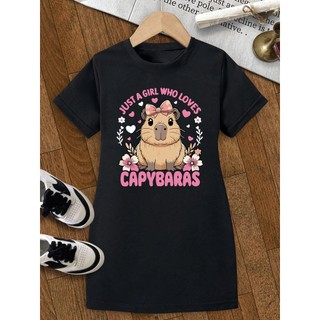Vestido camiseta capivara, vestido infantil manga curta, estampa capivara fofa, roupa casual verão, vestido confortável