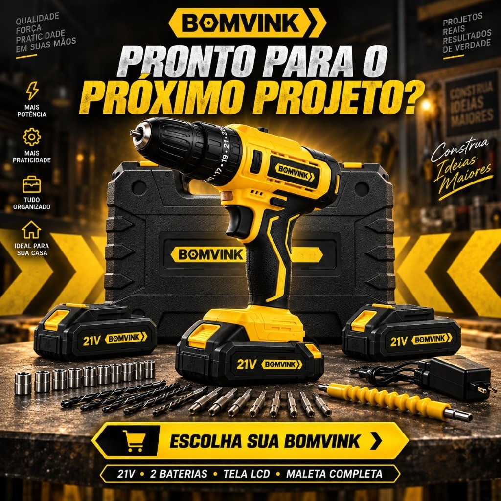 Parafusadeira Furadeira Bateria 21V Bomvink 2 Baterias Display LCD Maleta Completa Bivolt