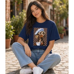 Camiseta Feminina Plus Size Estampa Cachorro Salsicha Óculos Café Poá Gola Redonda Manga Curta Algodão Verão Confort