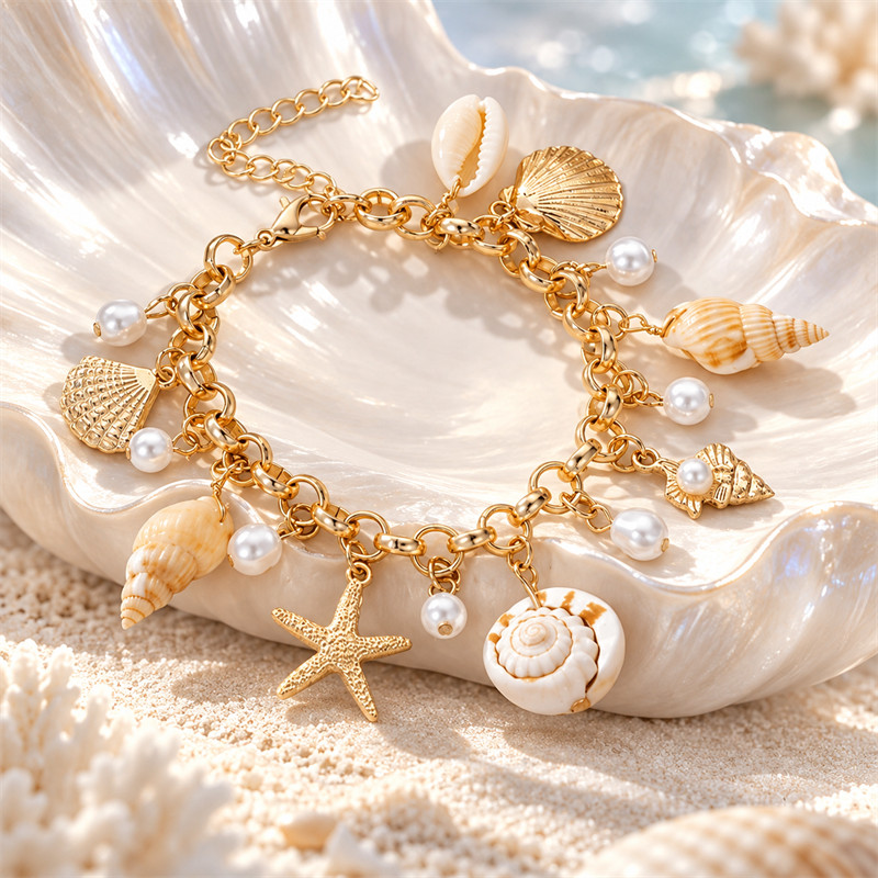 Pulseira Feminina Dourada com Conchas Estrela do Mar e Pérolas Estilo Praia Verão