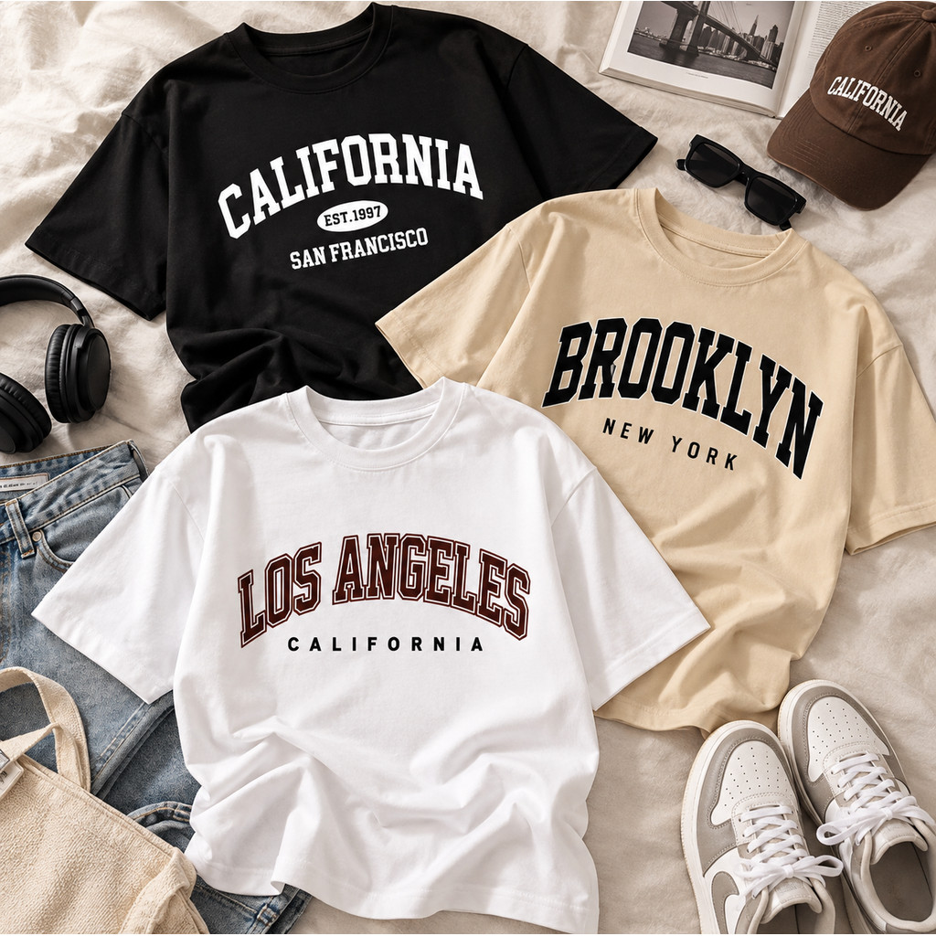Kit 3 Camisetas Femininas Brooklyn Los Angeles California 100% Algodão Estampadas T-Shirt Casual