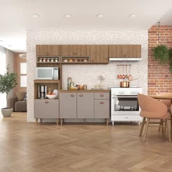 Cozinha Modulada 5 Peças com Torre Quente e Balcão com Tampo Marti Yescasa Mel/Cinza Sim