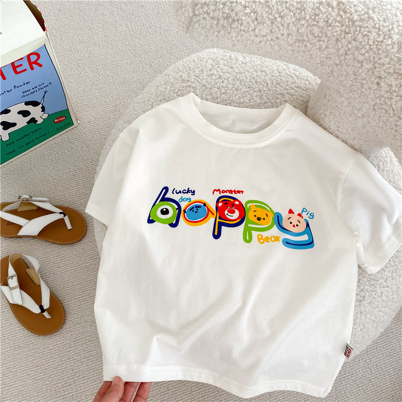 Algodão puro meninos camiseta meninas verão de manga curta 2026 novo estilo crianças estilo coreano carta Casual bebê br