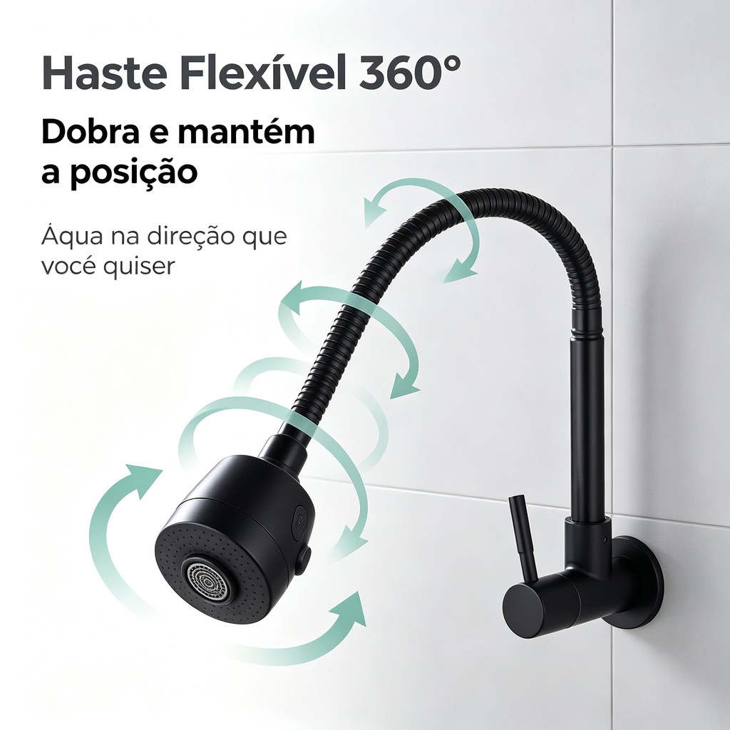 Torneira Inox  Prata/Preto Com Chuveiro Com Rotação De 360° Cozinha Luxo Parede Promoção