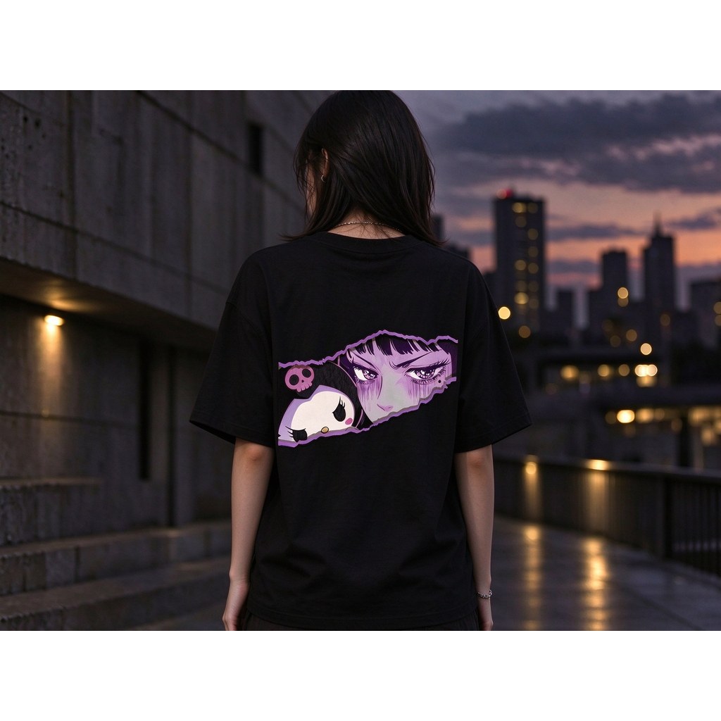 Camiseta Preta Estampa Personagem Anime Roxo Personagem Kawaii Caveira Efeito Rasgado Estilosa Confortável Moderna