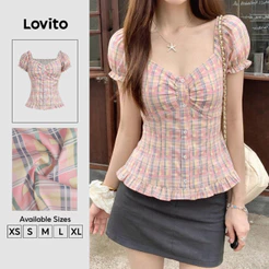 Lovito Blusa Casual com Babados e Botões Série Morandi Primavera/verão Blusa Rosa para mulheres BLB201P1D075