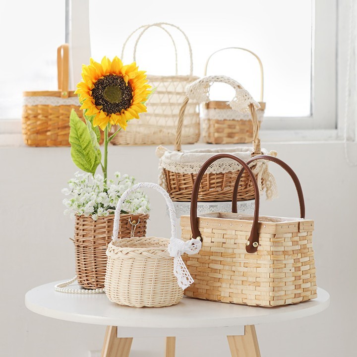Cesta de flores com Chip de madeira portátil, cesta de frutas para piquenique, cesta de tecido para casa, sala de estar,