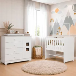Conjunto Quarto de Bebê 100% MDF Mini Berço com Colchão e Cômoda 1 Porta 4 Gavetas Branco