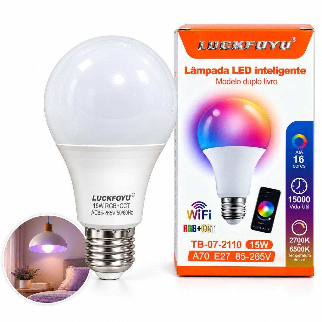 Lâmpada Inteligente WiFi 15W RGB E27 Luz Ajustável por App Tuya Alexa Google Kit com 1 ou 2 Unidades