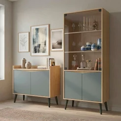 Buffet Aparador 2 Portas Retrô 88cm e Cristaleira Cinza/Amendoa/Acqua