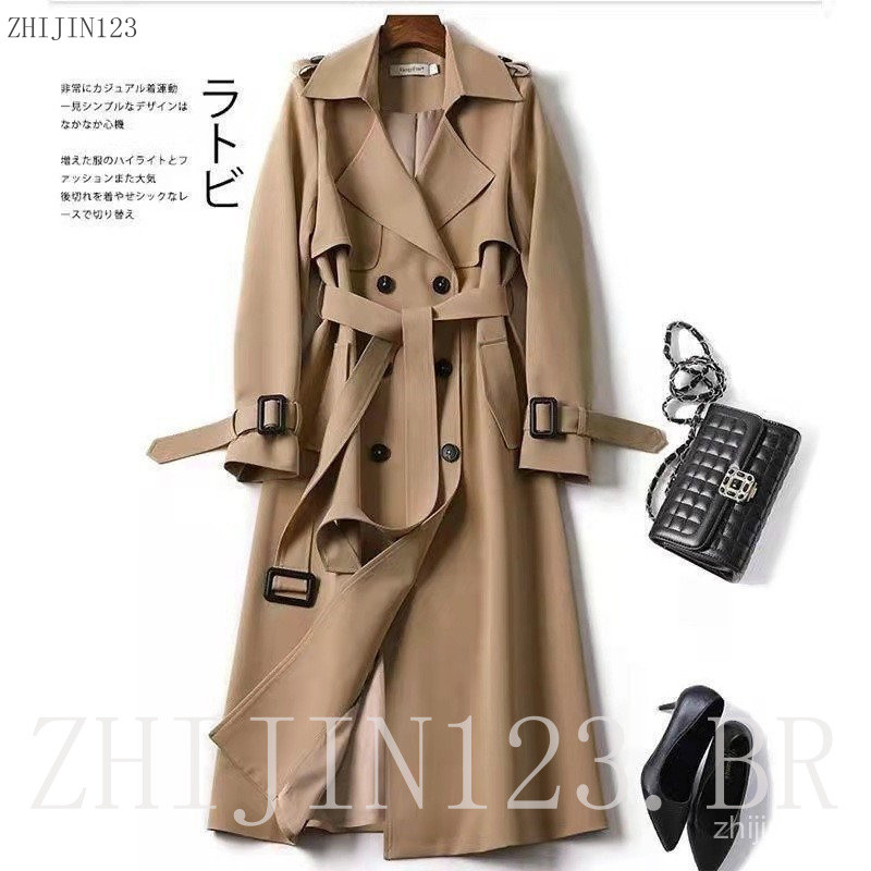 Casaco feminino longo, estilo trench coat, moda, novo casaco trench coat marrom