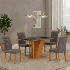 Conjunto Sala de Jantar Mesa Tampo Vidro/MDP com 4 Cadeiras Miami Yescasa Freijó/Chumbo Freijó/Chumbo